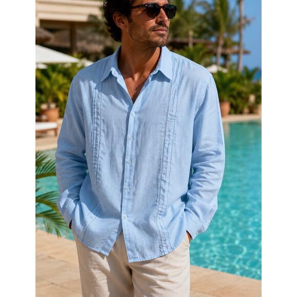 Cubavera Other - CUBAVERA Collection 100% Linen Blue Multi Tuck Guayabera Shirt Sz 2XL EUC Resort